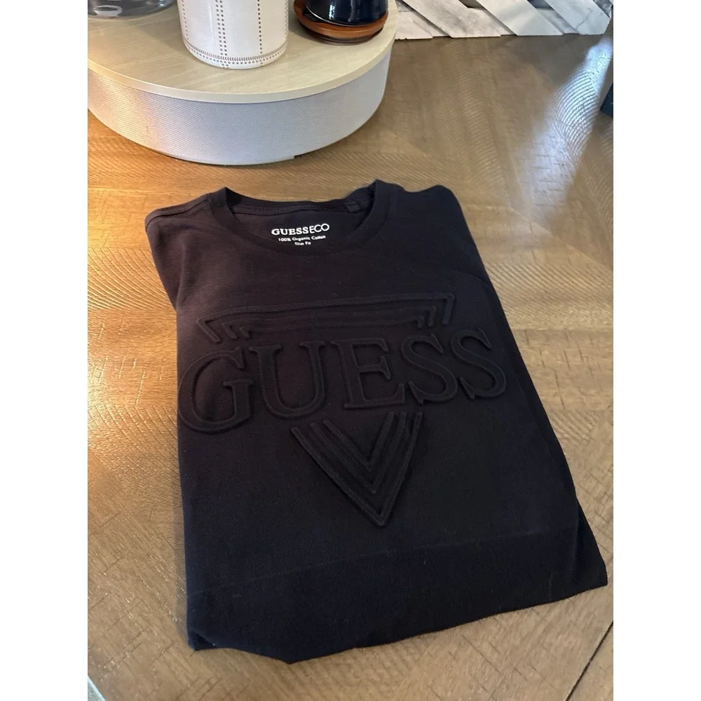 GUESS Men's L Black Solid Logo Crew Neck Short Sleeve Cotton Knit T-Shirt - Picture 2 of 5